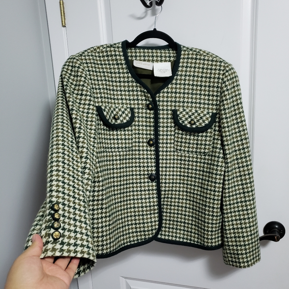 VINTAGE YVES VINET Green Houndstooth Wool Gold Lion Buttons Blazer - Picture 2 of 13